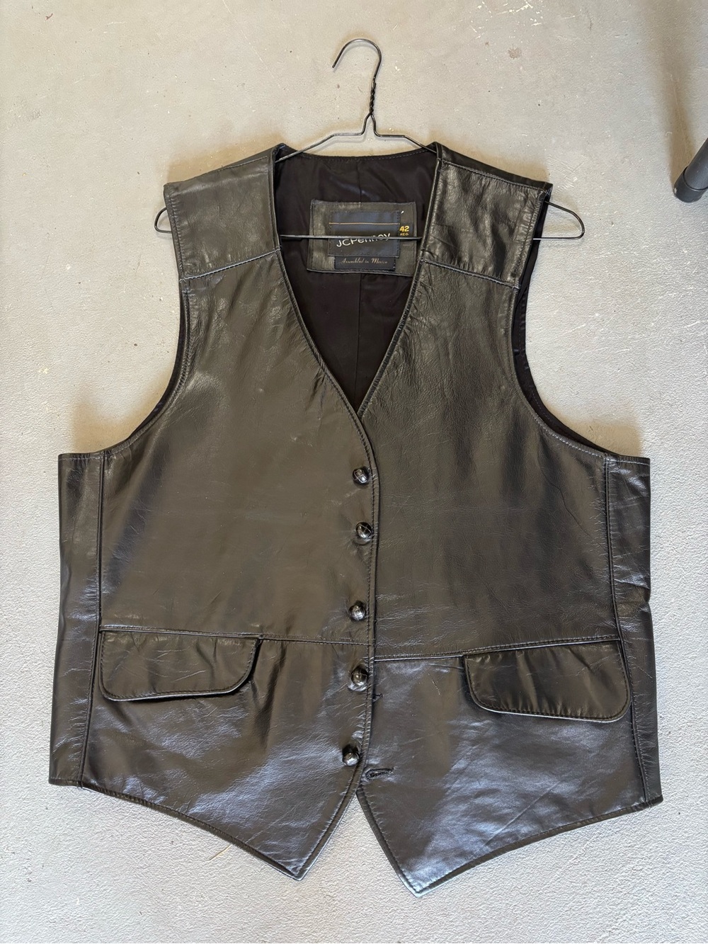 Men's 42 Black Leather Button-Front Vest